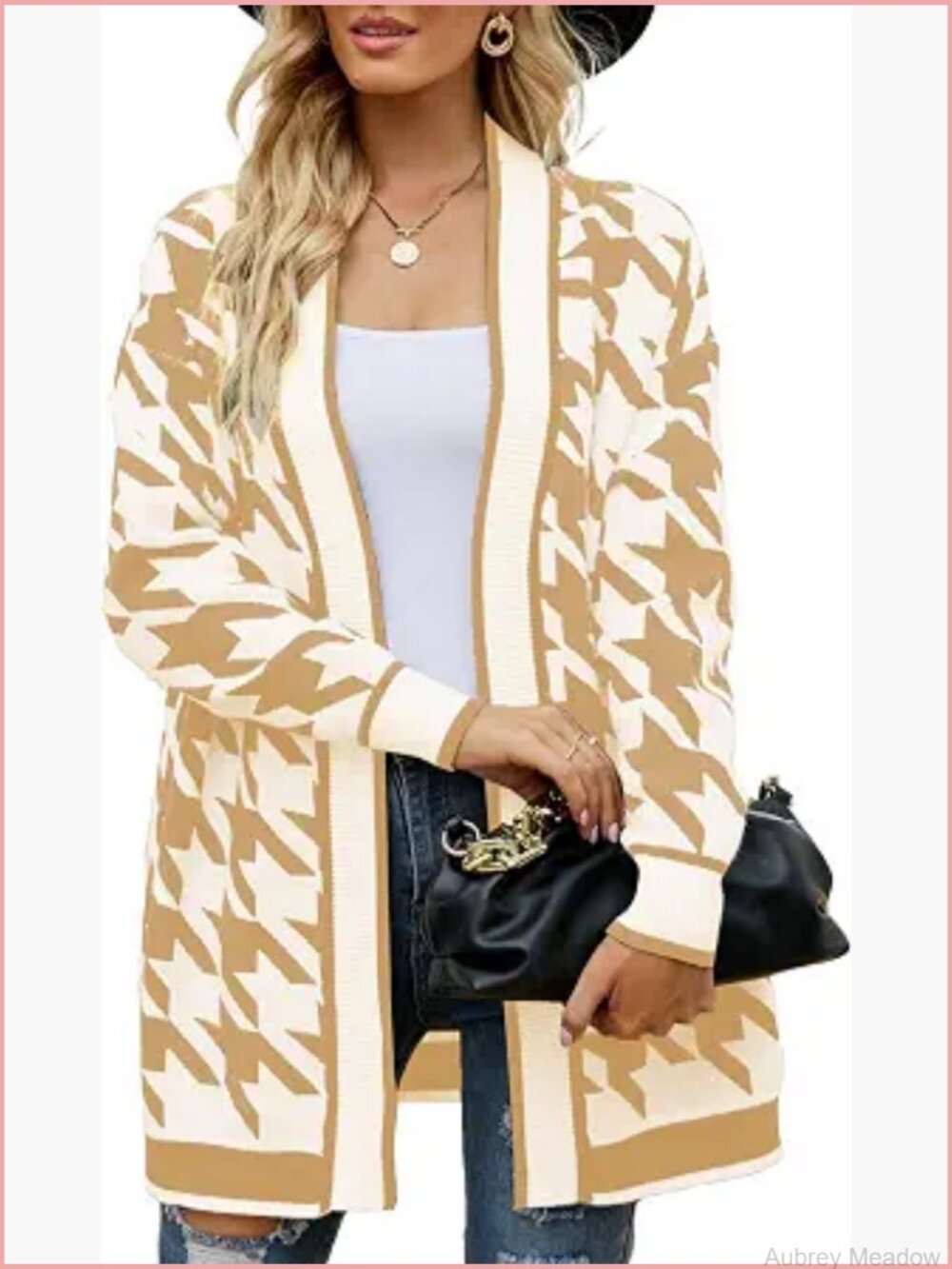 Lightweight Open Front Cardigan Sweater, Long Sleeve Knit Houndstooth Outerwear - Picture 1 of 6